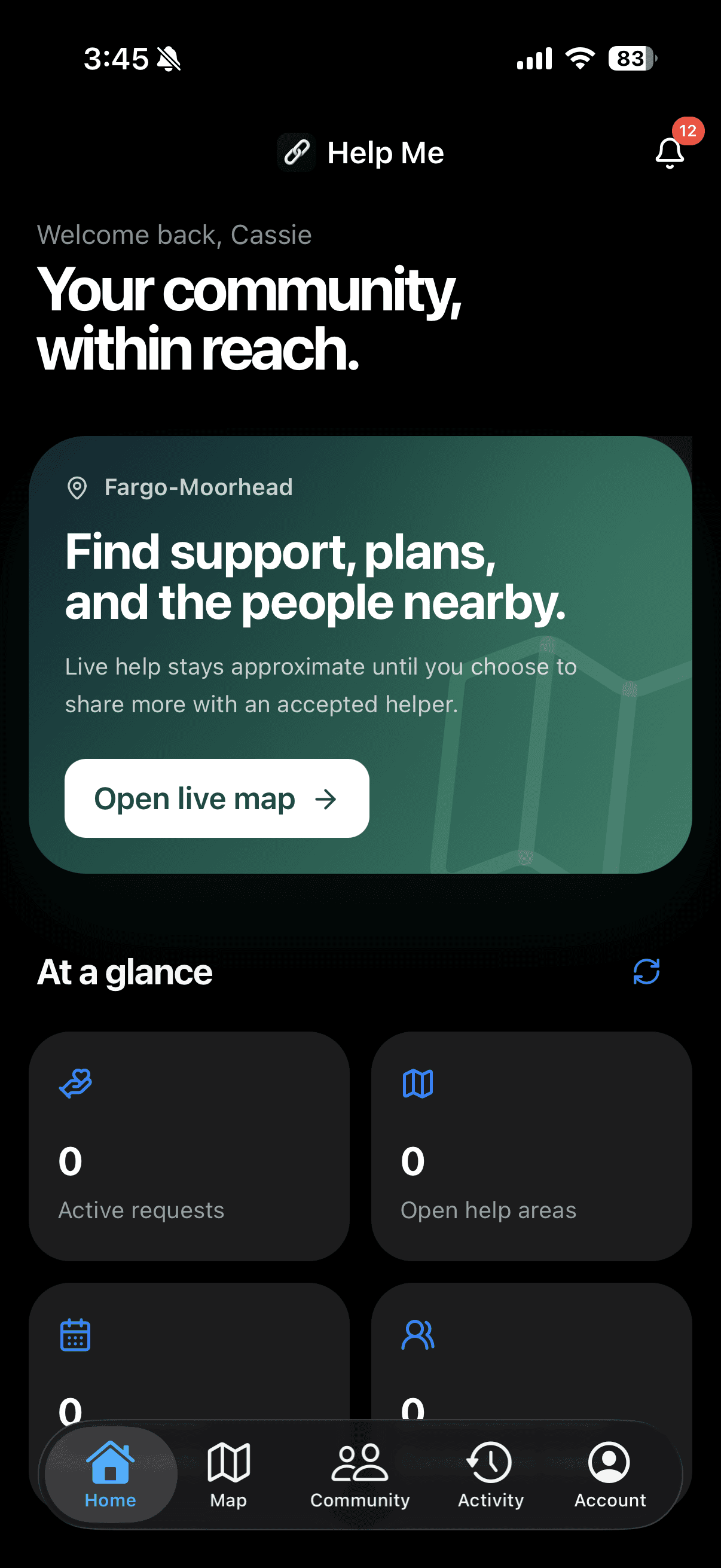 Help Me home screen showing the daily brief and a live map card for Fargo-Moorhead