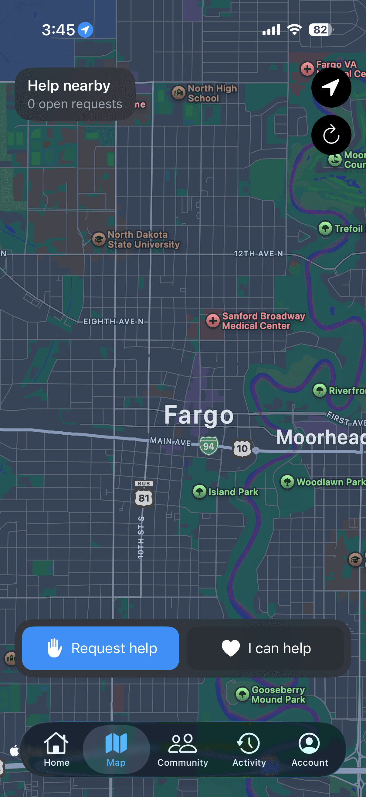 Help Me live map of Fargo-Moorhead with Request help and I can help actions