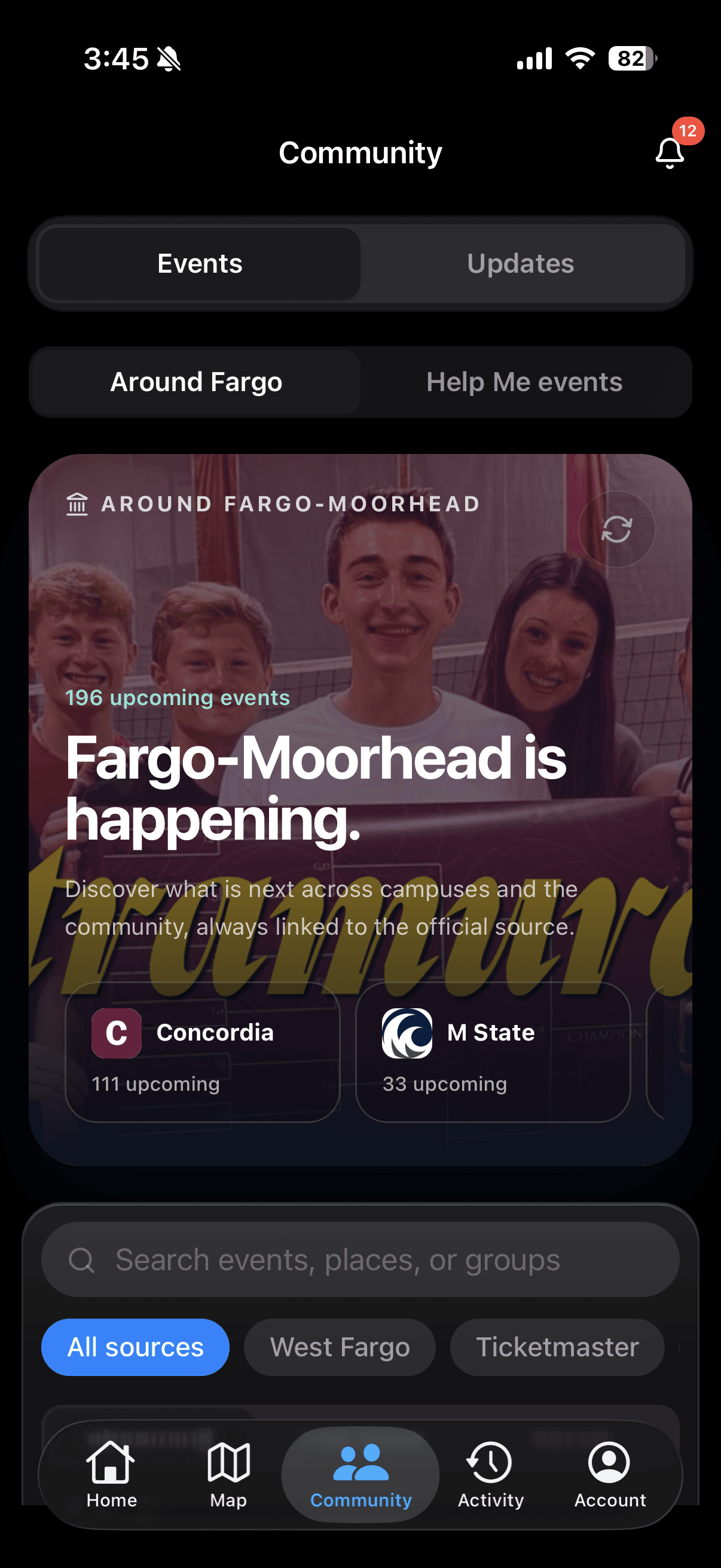 Help Me community tab showing upcoming events across Fargo-Moorhead campuses